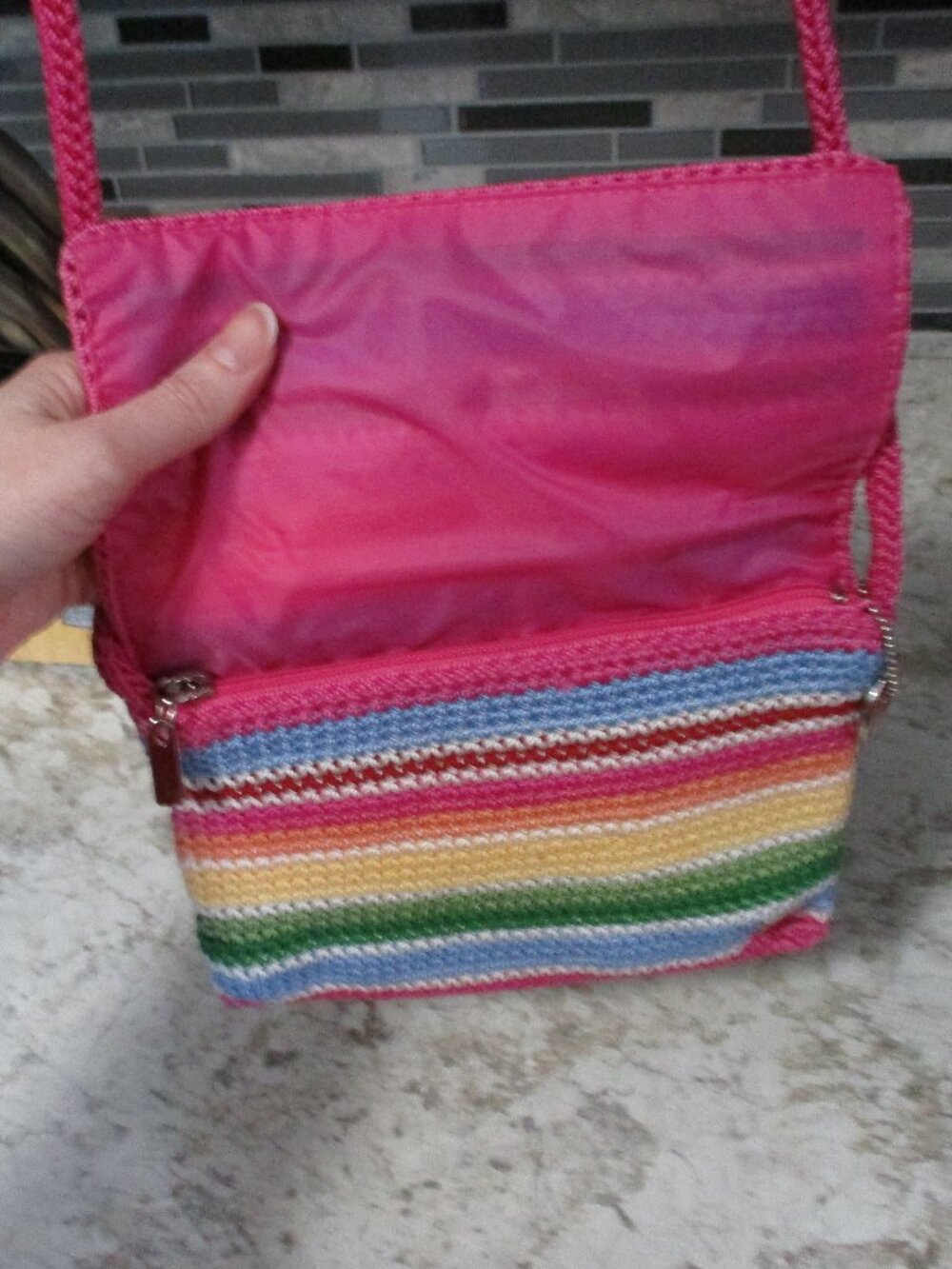 The SAK small Colorful Striped Rainbow crochet crossbody Bag Purse Boho Festival - Picture 2 of 8
